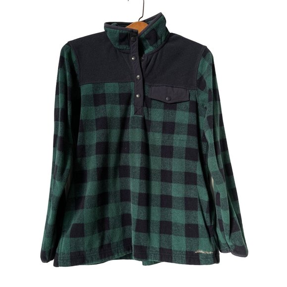 Eddie Bauer Snap Fleece Womens M Blue Green Buffalo Check 1/4 Sweatshirt Pockets - Picture 1 of 8